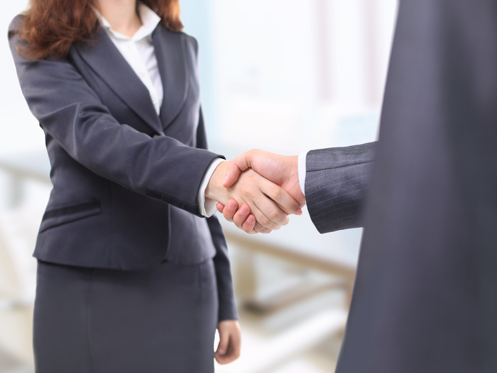 Male and female lawyer well dressed in dark grey business suits, standing and shaking hands.